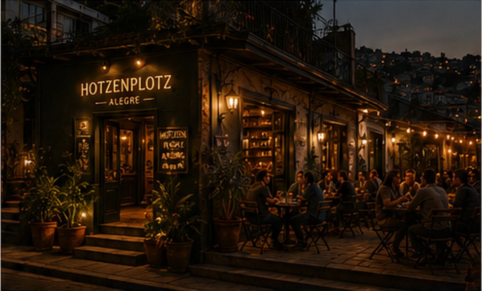 Fachada nocturna de Hotzenplotz Alegre con mesas y luces cálidas