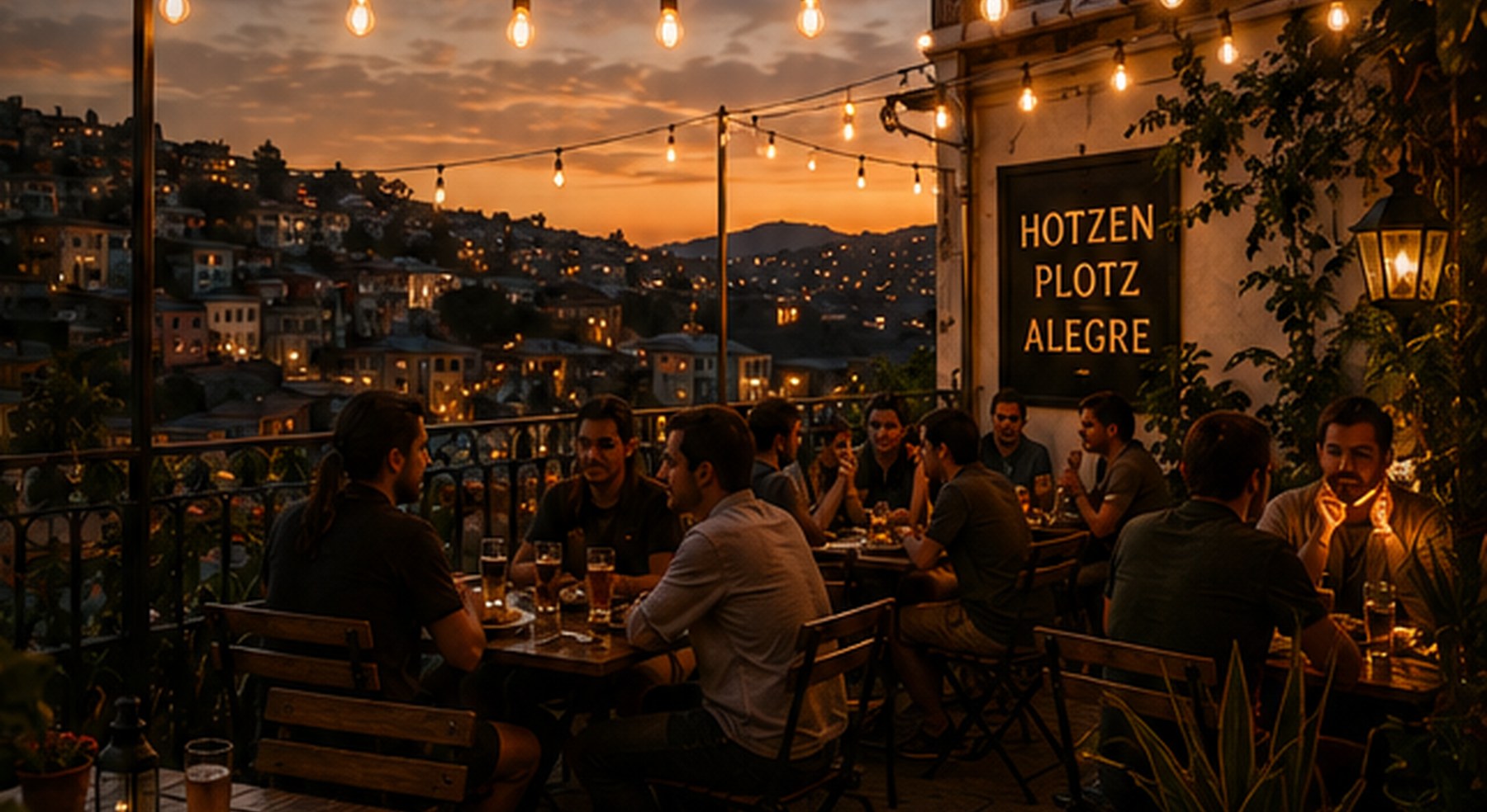 Terraza nocturna de Hotzenplotz Alegre con luces, mesas y vista a Valparaíso