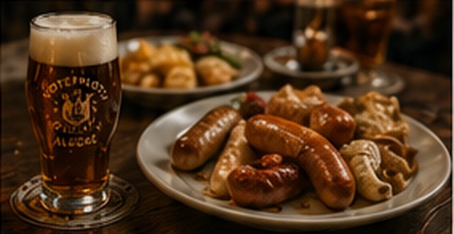 Vaso de cerveza Hotzenplotz junto a cocina alemana