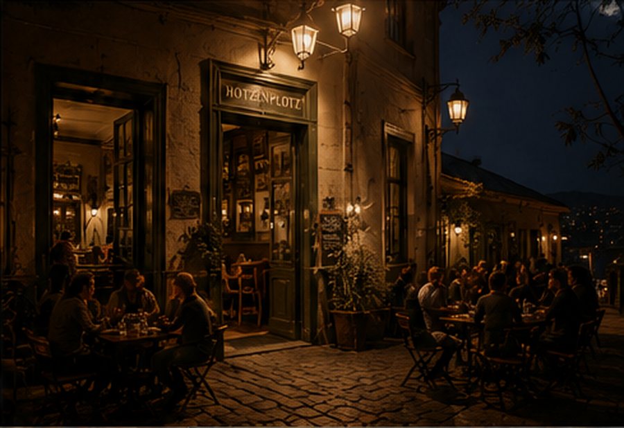 Fachada nocturna de Hotzenplotz Cervecería con mesas en la calle