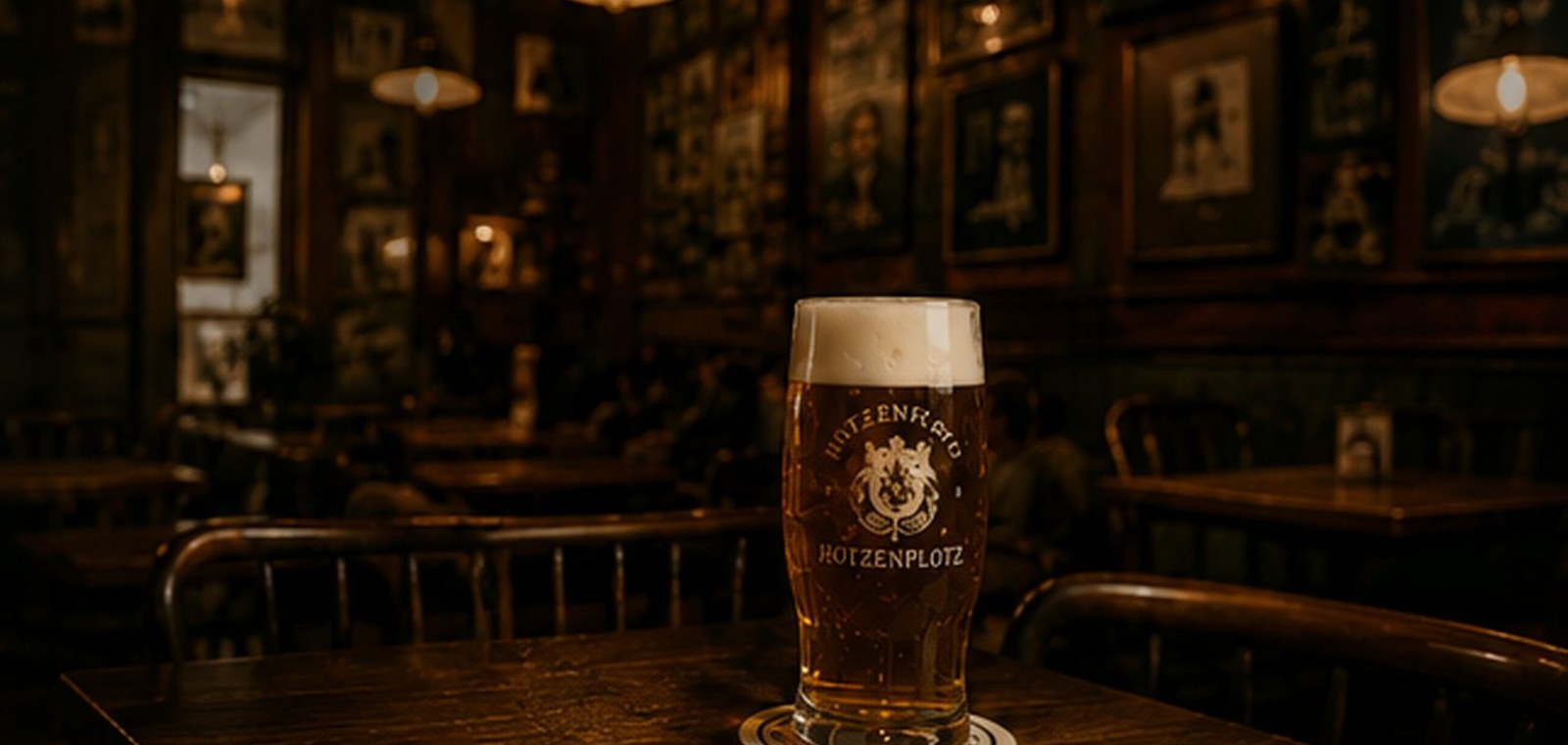 Interior cálido de Hotzenplotz Cervecería con una cerveza sobre la mesa