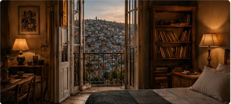 Dormitorio del hostal con balcón abierto hacia Valparaíso