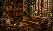 Salón del hostal con biblioteca y sillones