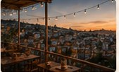 Terraza con luces y vista al atardecer de Valparaíso