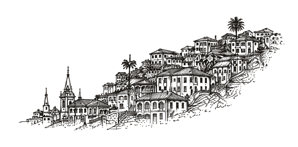 Ilustración lineal de cerros y arquitectura de Valparaíso